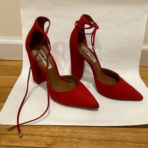 Steve Madden Pointed Toe Block Heels with Ankle Wrap - Red